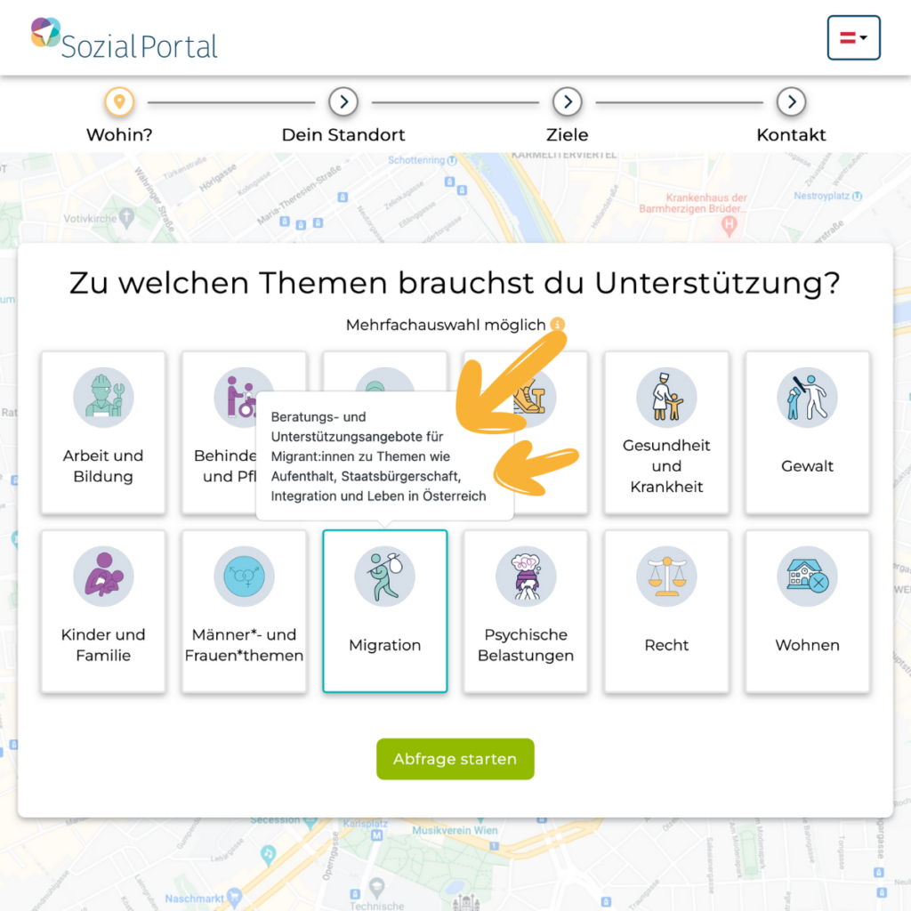 Screenshot: verbesserte Startseite der Plattform zeigt einen Beschreibungstext zu den Kategorien über zu erwartende Ergebnisse